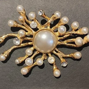 Enorme broche vintage "Starburst" de perlas con cristal 